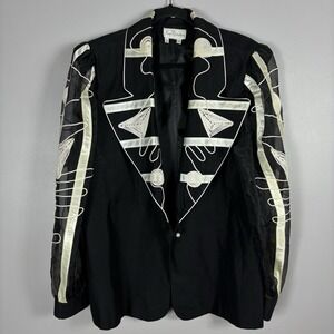 Nomi Rubinstein Women's Black White Sheer Sleeve Abstract Embroidered Blazer VTG
